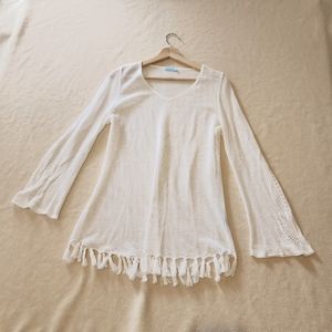 J. McLaughlin beautiful white knitted country chic fringe top